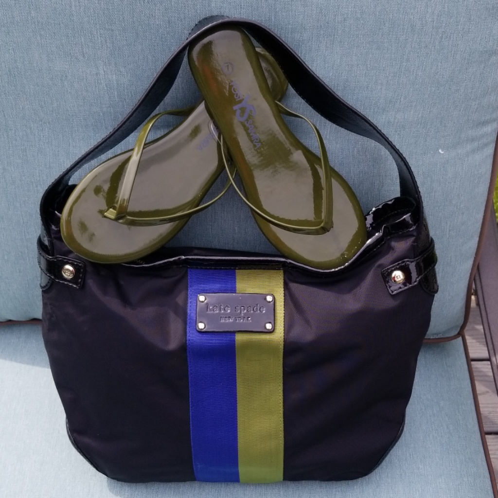 Kate Spade Black Nylon Color Block Olive Green Blue & Patent Leather Striped Bag